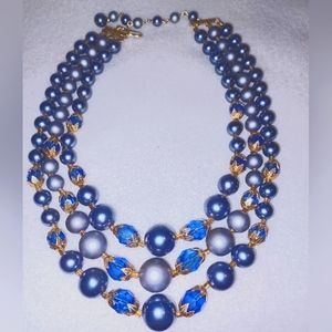 Vintage Signed JAPAN Triple Strand Blue & Gray Beaded Necklace 16"